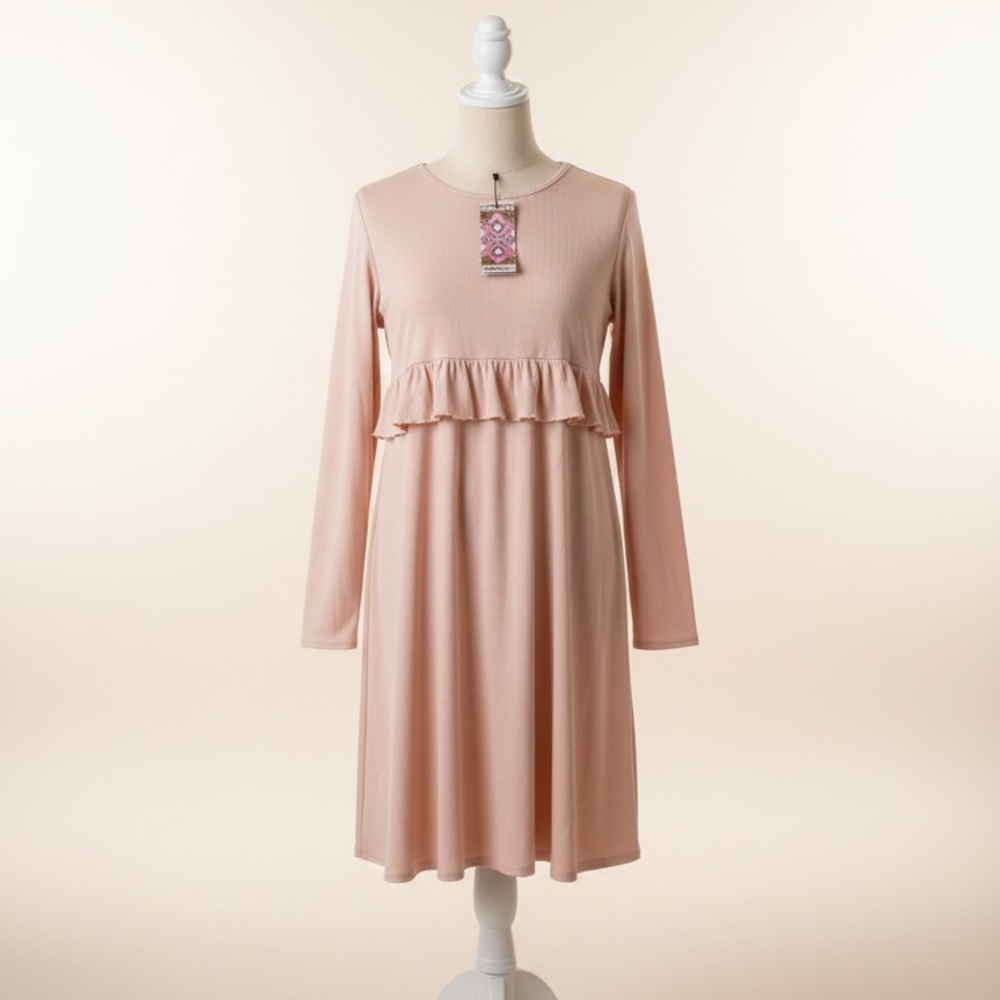 Boohoo Pink Long Sleeve Ruffle Dress